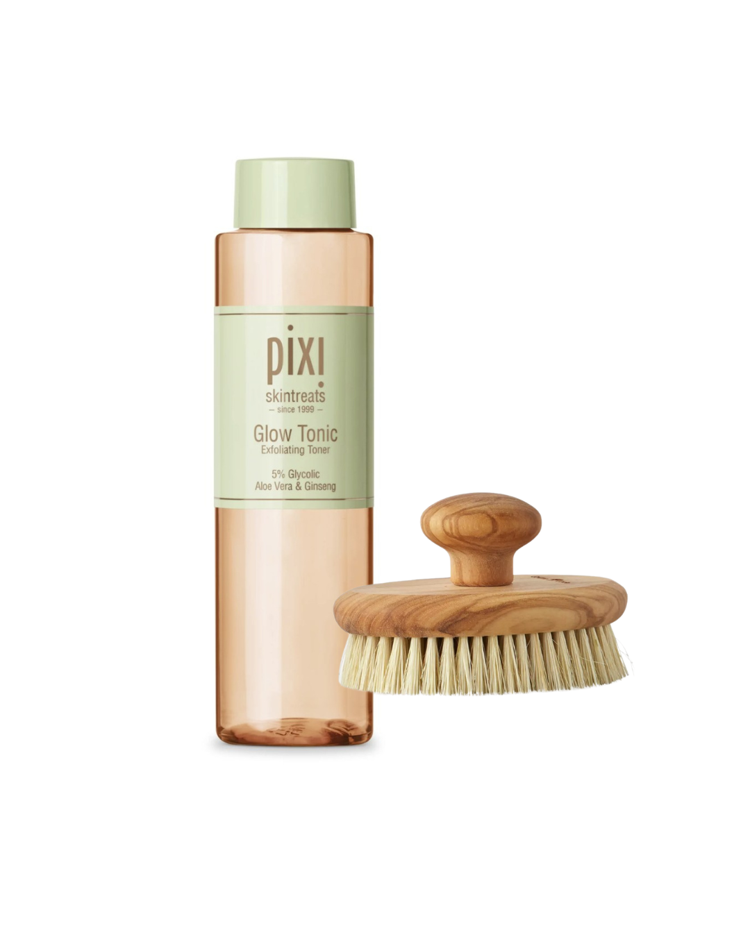 Glow Tonic mit 5 Prozent Glykolsäure von Pixi, 250 ml um € 23,50 / Massagebürste von Grüne Erde, um € 24,90