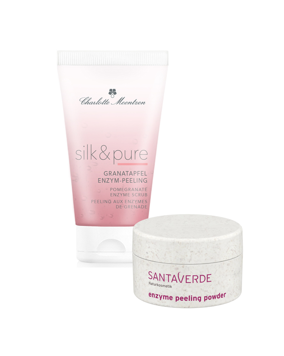 Granatapfel-Enzym-Peeling von Charlotte eentzen, um € 19,90 / Enzyme Peeling Pow der von Santaverde, um € 24,90