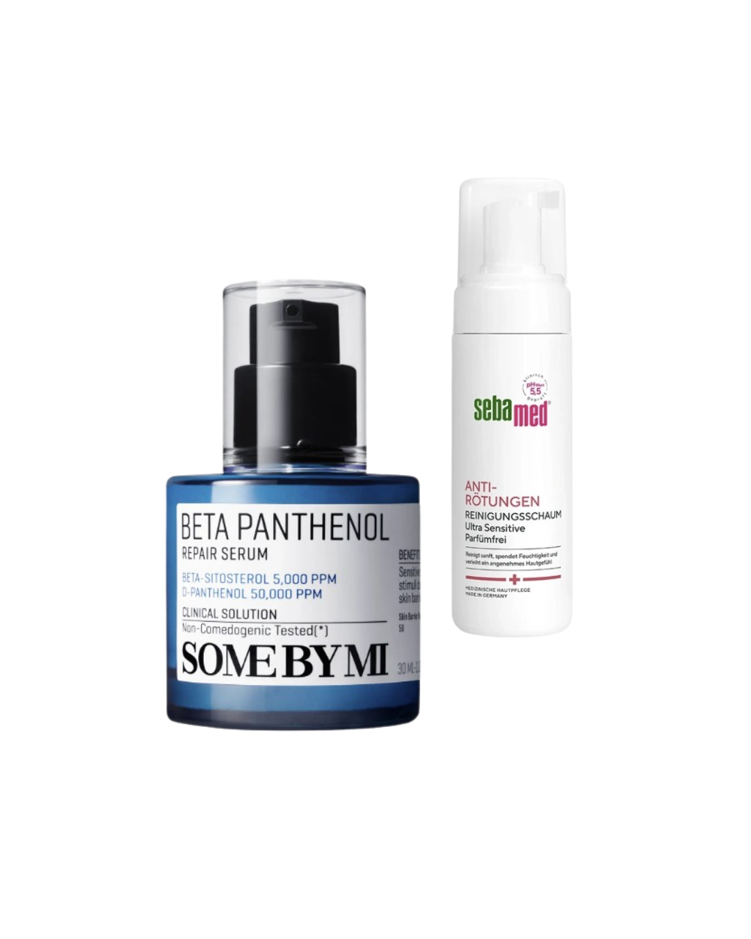 Beta Panthenol Repair Serum von Some by Mi, gefunden bei Müller, um € 24,80 / Anti-Rötungen-Reinigungsschaum von Sebamed, um ca. € 10,–