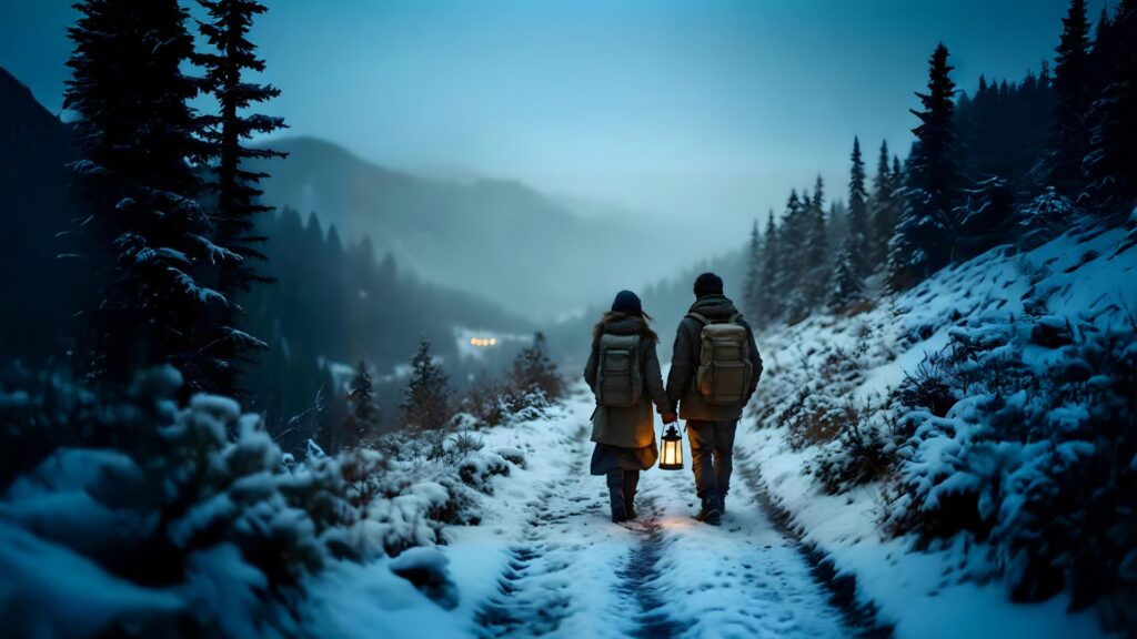 Mann und Frauen gehen mit Laterne im Schnee durch den Wald