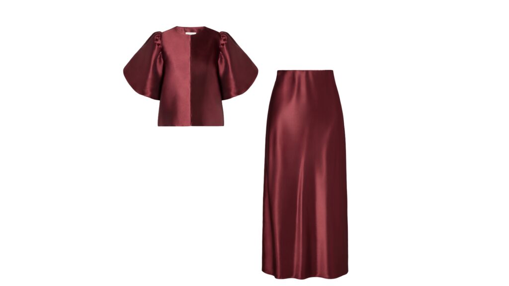 Satin Midi Skirt und passende Bluse von Malina in dunkelrot
