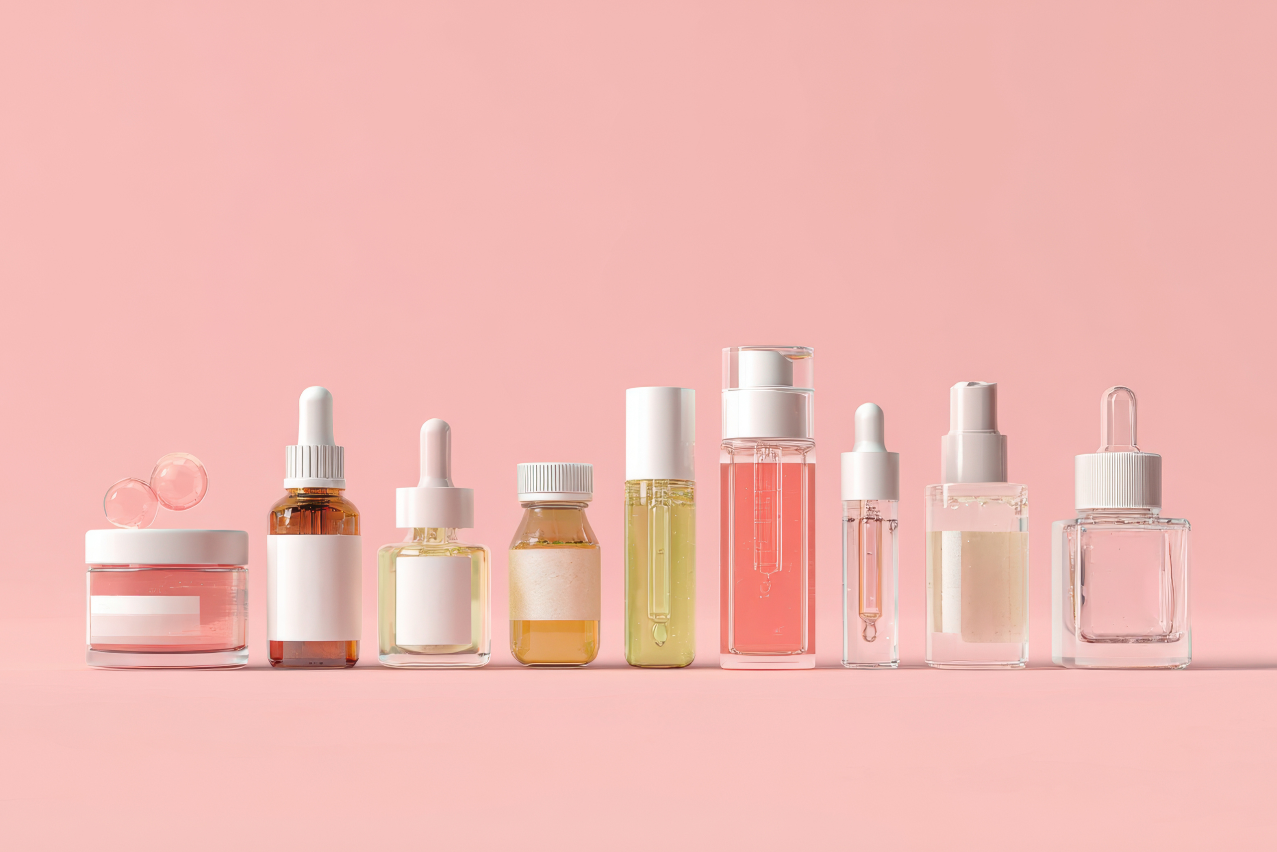 verschiedene no name Produkte, aesthetics, rosa background, skincare