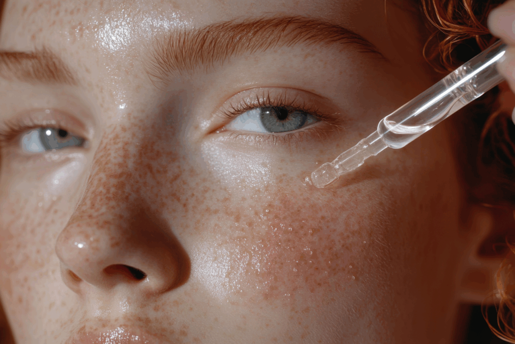Skincare Trends 2026, Frau mit Sommersprossen trägt Serum auf