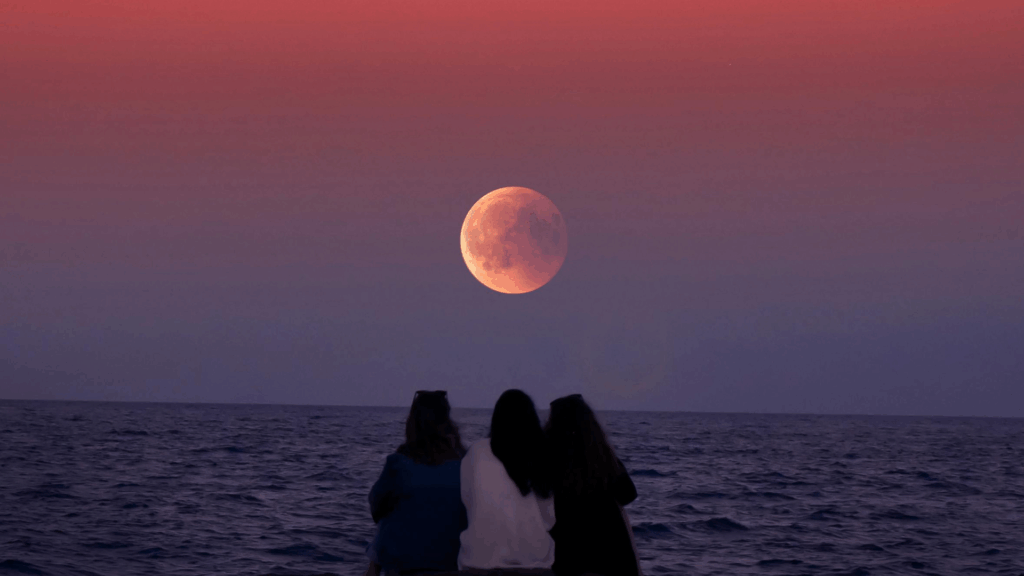 Freudninnen von hinten vor einem rötlichen Himmel am Meer und Halbmond