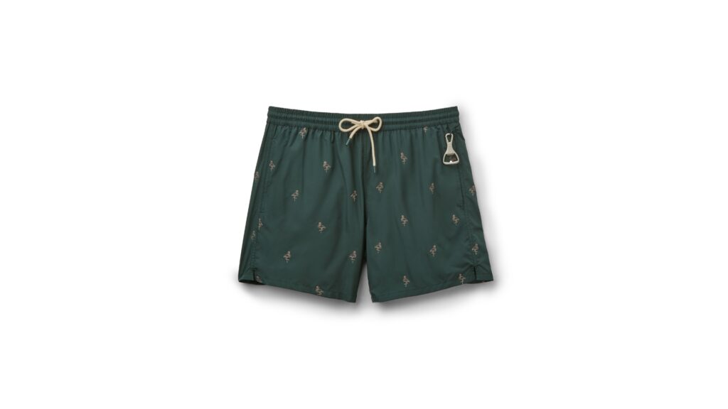 Badeshorts aus Leinen mit Flamingostickerei und praktischem, integriertem Flaschenöffner von IUMAN