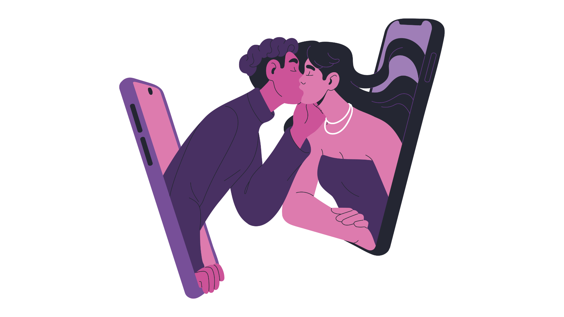 Illustration von einem küssenden Paar, das jeweils aus einem Smartphone heraussieht
